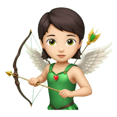 cupid flying with wings asian with brown eyes and dark hair handled bow and arrow directed to green emoji heart sticker
