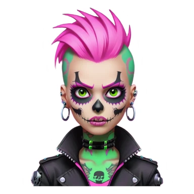 Cyberpunk female punk, pink mohawk, skull face tattoos, bionic neck, aggressive expression, neon green lighting sticker