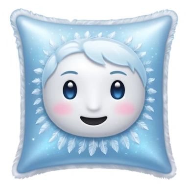 magical ethereal pillow emoji, shimmering with cool silver and icy blue light, surrounded by soft airy feathers and tiny sparkles, with a soothing frost aura sticker