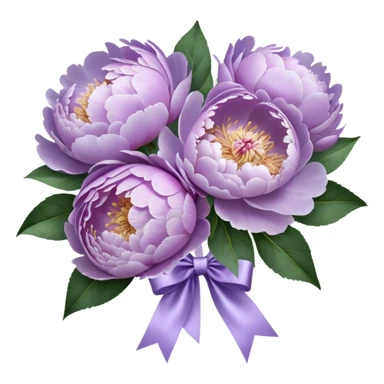 "A hyper-realistic bouquet of light purple peonies, freshly bloomed, tied with a luxurious satin ribbon in a soft lavender shade. The petals are delicate and slightly ruffled, with subtle color gradients ranging from pale lilac to deep violet. The bouquet is placed on an elegant marble tabletop with a vintage-style mirror reflecting its beauty. Soft natural light enhances the intricate textures of the flowers, casting gentle shadows."
 sticker
