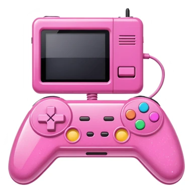 glittery pink 90s retro game console with pink corded controller next to it sticker