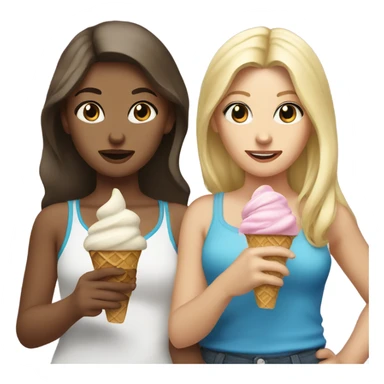 blonde girl with brown eyes standing with her best friend brunette with blue eyes while eating ice cream sticker