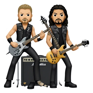 Icon for Metal Music: Metallica band members detailed in their signature look. James Hetfield with guitar, Lars Ulrich on drums, Kirk Hammett with his electric guitar, and Robert Trujillo playing bass. Bold, energetic style with musical notes, all in a heavy metal aesthetic. Transparent background. sticker