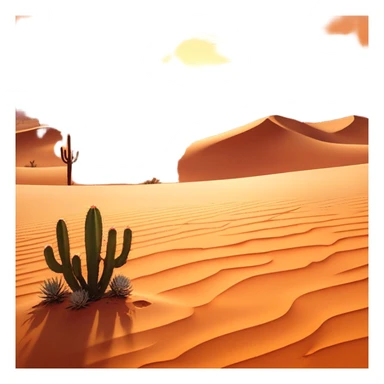 Cinematic Realistic Desert Emoji, Expansive and arid, with vast stretches of golden sand dunes and scattered cacti, the sun casting a warm, almost orange glow over the dry, cracked earth. The horizon blurs into a heat shimmer, while the occasional desert flower adds a splash of color to the barren landscape. Soft glowing outline, capturing the essence of the harsh yet stunning beauty of the desert, calm and quiet, filled with silence and mystery. sticker