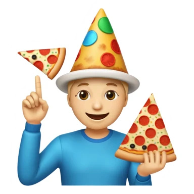 funny emoji called 'party Overload': laughing face with disco ball eyes, tilted party hat, making a finger gun with one hand, holding pizza in the other sticker