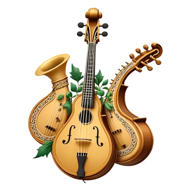 Create an intricate, festive, and emblematic emoji symbolizing plucked string instruments. The design should resemble a regal crest, featuring instruments like a banjo, mandolin, domra, sitar, and other plucked strings, arranged symmetrically in an ornate composition. Their necks and strings should elegantly intertwine with a flowing ribbon of musical notes, wrapping gracefully around the instruments. The overall shape should be grand and balanced, evoking a sense of tradition and celebration. Use a rich and refined color palette with gold, deep mahogany, and vibrant accents, adding intricate wood textures, decorative inlays, and metallic tuning pegs for a professional, polished look. The background should be transparent, making the emblem stand out as an independent artistic mark sticker