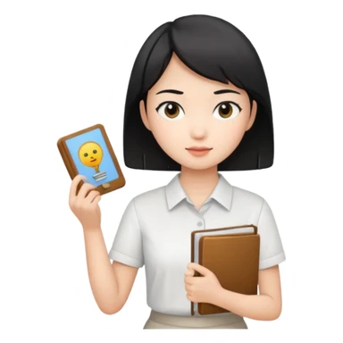 A young female guide with fair skin and short black hair from Asia, holding her guide in one hand sticker