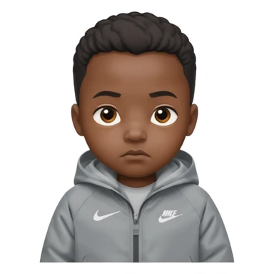 a little black baby with serious facial expression wearing a gray nike tech sticker