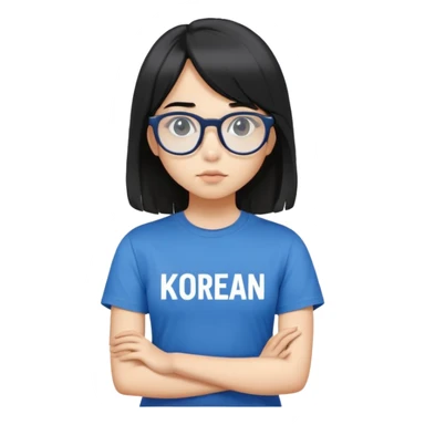 A girl with mullet black shoulder length hair, metal glasses, face is a little bit round, big black eyes, wear a blue T-shirt with Korean line of words on it sticker
