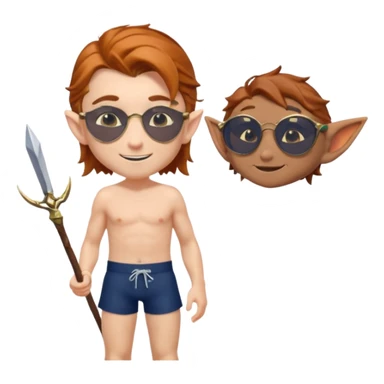 elf male legolas portrait, classic navy swim trunks, timeless wayfarer sunglasses (tortoiseshell), windswept auburn hair, friendly smile, clear pointy ears, no background, centered emoji, iconic summer look sticker
