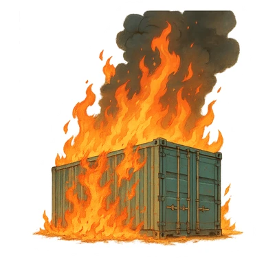 ghibli style shipping container on fire sticker
