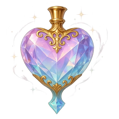 luxurious crystal elixir bottle in heart shape, pastel gradient colors, lots of glowing shine, facets, ornate details, golden accents, magical effects, very small golden neck, transparent background, beautiful merging base, clearly floating in air, no base or shadow, premium class impression, design matching a collection of crystal, luxurious, magical bottles sticker