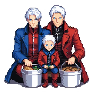 Dante and Vergil from Devil May Cry sitting together in a KFC family bucket, Dante in red coat, Vergil in blue coat, both with white hair sticker