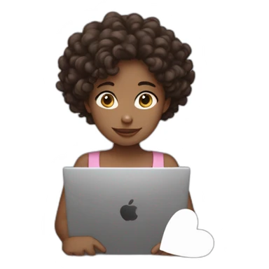 girl with curly dark brown hair with laptop and white hearts back her sticker