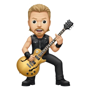 Create a bold and energetic emoji representing James Hetfield with his iconic guitar. The design should feature James Hetfield holding his famous ESP Explorer guitar, known for its sharp, angular body shape. The emoji should convey a sense of power and energy, with James positioned in a strong, rockstar pose, playing with passion. Add subtle elements like a microphone stand, amplifier, or stage lighting to reflect the live performance vibe. Use dark, metallic colors like black, silver, and red, reflecting the heavy metal aesthetic. The background should be transparent. sticker