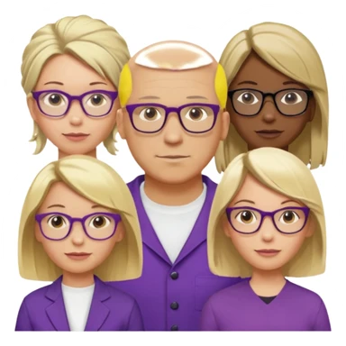 FIVE person team; 2 men and 3 women.  All dressed in yellow or purple.  
1 caucasian woman with blonde mid length hair
1 caucasian woman has ash blonde hair tied up.  
1 man is African-american and bald
1 man is caucasian and very little hair left.  
All have glasses sticker