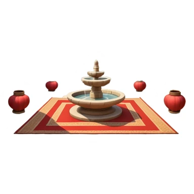 3D Apple-style emoji of a Turkish han courtyard. Square courtyard, small fountain, low arches, hanging lanterns, stacked carpets. Rounded, glossy, soft shadows, bright daylight, white background.





 sticker