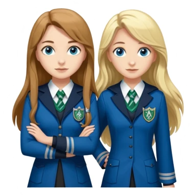 a pretty ravenclaw girl with long brown hair and blue eyes standing with a hot Slytherin girl with long blonde hair, blue eyes and big boobs  sticker