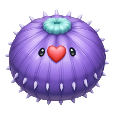 realistic yet cute sea urchin, shiny plastic look, tiny body, natural features, soft pastel colors with bright accents, small heart accessory, detailed shading, no cartoon eyes sticker