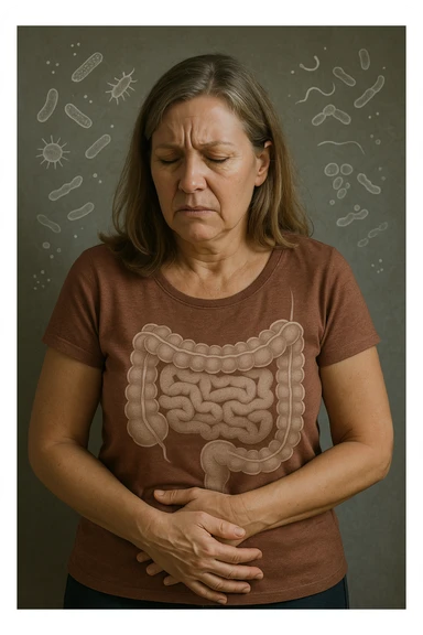 donna in menopausa con la disbiosi intestinale immagine realistica sticker