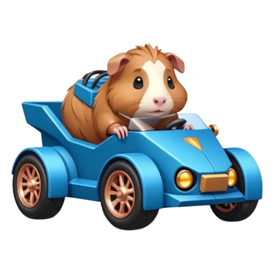 dark crystal blue and rosegold-accented cyber truck style-faceted-body electric racing car driven by a small cute but fearless Guinea pig with rear spoiler, roll bar, and wheely bar sticker