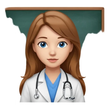 pretty female nursing student with long brown hair, blue eyes inside a classroom at university with blackboard behind her sticker