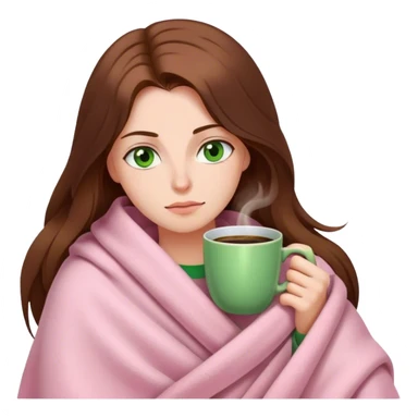 woman with very long brown hair and green eyes in a light pink blanket sleepy with coffee sticker