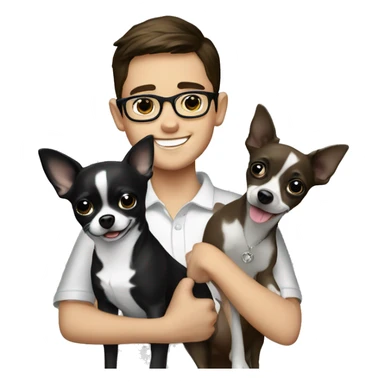 smiling brunette boy with jewelry and eyeglasses indoors and black & white chihuahua dog sticker