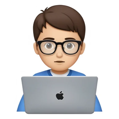 Junior IT Specialist with small laptop, glasses, looking inexperienced, with basic coding skills sticker