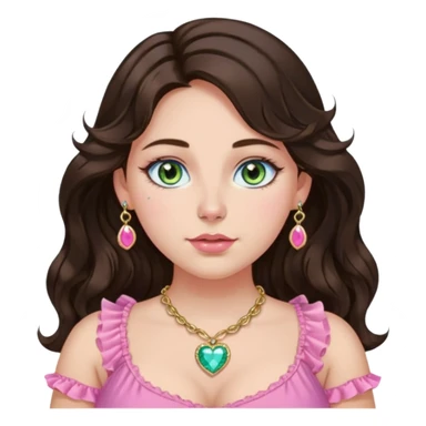 Girl girl with long wavy dark brown hair with middle part, centralized heterochromia blue green gold eyes, plus size, pink frilly top, right nostril gold nose ring, small pink heart crystal necklace  sticker