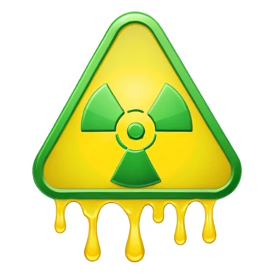 radioactive hazard symbol stylized to look like it is melting. The symbol is bright neon green and toxic yellow, with smooth dripping edges like liquid. sticker