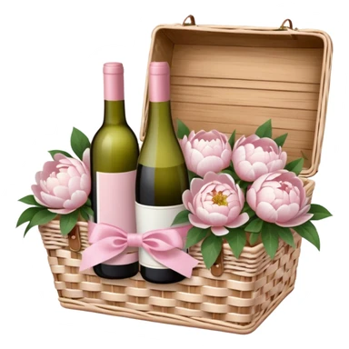 White Picnic basket with light pink bow and white peonies inside and a pink wine bottle sticker