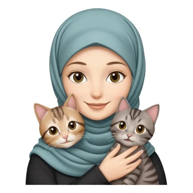 White girl wearing hijab holding a black grey tabby cat while smiling sticker