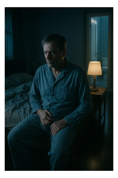 A nighttime scene inside a dimly lit bedroom. A man in his 50s sits stanco sul bordo del letto, con lo sguardo perso nel vuoto, mentre una luce fioca proviene dalla lampada sul comodino. Indossa un pigiama spiegazzato, e si tiene leggermente la zona bassa dell’addome. Dietro di lui, il letto è visibilmente disfatto, segno di sonno interrotto. Una porta socchiusa sullo sfondo mostra la luce accesa in bagno, con il pavimento riflettente che indica i numerosi passaggi notturni. Il tono è cupo ma realistico, con colori freddi, blu e grigi, e un leggero bagliore lunare che filtra dalla finestra. Stile: 35mm film, profondità emotiva, dettaglio ambientale. in italiano sticker