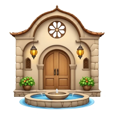 3D Apple-style emoji of a full traditional Turkish han. Rounded stone building with arched wooden doors and windows, small courtyard, fountain, arches, and hanging lanterns. Glossy, smooth, soft shadows, clean white background.






 sticker