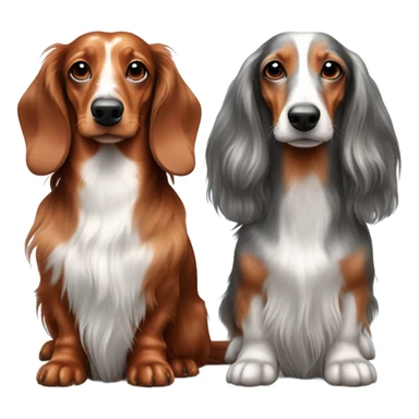 Long haired red dachshund and long haired silver dapple dachshund sitting together  sticker