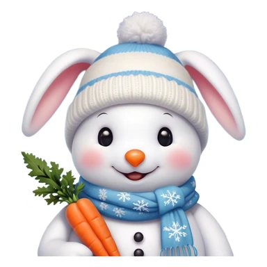 The detailed digital illustration shows a snowman in a Christmas hat and scarf. The snowman is depicted in close-up. Next to it is a cute bunny who wants to depict a snowman and holds a carrot with his paws at the level of his nose, thereby demonstrating to the snowman that his nose looks like a snowman's nose. The snowman is joyful, looks lovingly at the mischievous bunny. Snowflakes are falling from the sky, the whole scene should have a soft and cozy winter aesthetic. The style of this illustration is the same as that of the famous artist Evgenia Gapchinskaya. sticker