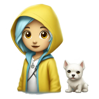 Cute little girl with light blue hair wearing a yellow raincoat hood up with white skin and short hair with cross necklace and staff sticker