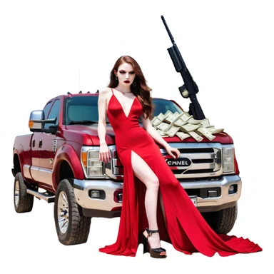Lilith symbol red eye seductress evil long brown haired sexy succubus woman. Wearing Chanel  long dress with slit, sitting on top of a  giant lifted F350 pickup truck. Black Platform heels on feet. Back of truck full of stacks of cash, sitting behind her is  a human skull with a gun in other hand sticker