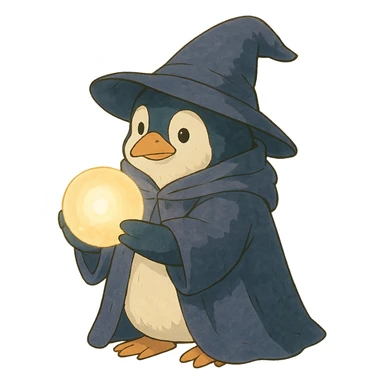 ghibli style penguin wizard holding a glowing orb sticker