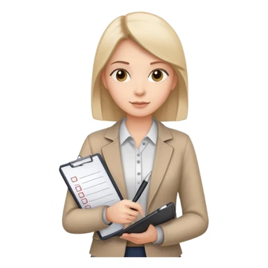 a person holding a checklist and pen, wearing smart casual clothing. The character is in a focused pose sticker