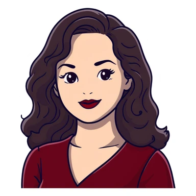 Elegant high-profile woman with glowing fair skin, long dark straight hair with soft waves, large dark eyes with dramatic makeup, defined eyebrows, full red lipstick, wearing wine red velvet dress with V-neckline, glamorous confident smile sticker