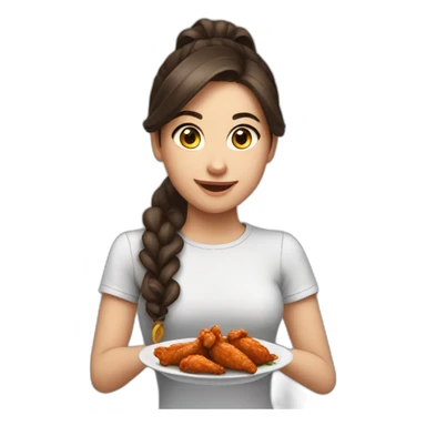 A brunette girl with long hair in a ponytail , eating chicken wings  sticker