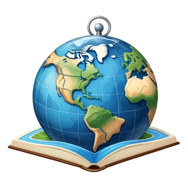 an icon featuring an earth with attitude and longitude lines, a textbook, and a topographic map, symbolizing geography as a science. The design includes a compass, mountain ranges, and rivers, representing the study of Earth's features and landscapes. Transparent background highlights geography. sticker