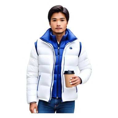 full body man with long sleeve white shirt with blue puffer winter vest with no pockets wearing straight long boot cut levi blue jeans with no cuffs and black tennis shoes holding a coffee mug in one hand directly in front of him at his chest and nothing in the other hand with his weight on one leg sticker