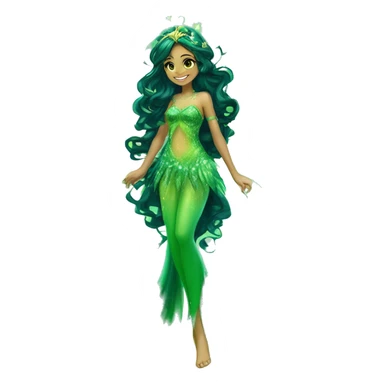 Aisha adult fairy of ocean / sea her enchantix fairy green / dark green sparkling two-piece clothing and fairy enchantix wings and long dark brown curlyhair in from winx club. Lots of sparkles and fairydust. Full body pic and full fairy bliss sticker