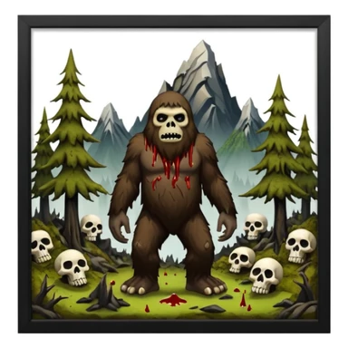 Creepy Alaskan sasquach woods make the trees smaller and covered in moss with skulls coming out of the ground and blood dripping mountains in the back ground  sticker