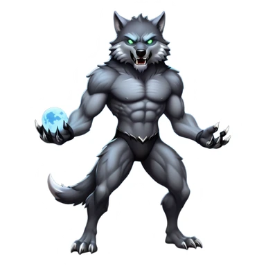 cinematic-noble-fierce-werewolf-full body-emoji, poised-and-imposing, with a tall, slender, muscular frame, fur rippling in shades of midnight black and silver, eyes glowing with an intense, primal ferocity, reflecting the untamed power of the wild moonlit night; rendered with realism sticker