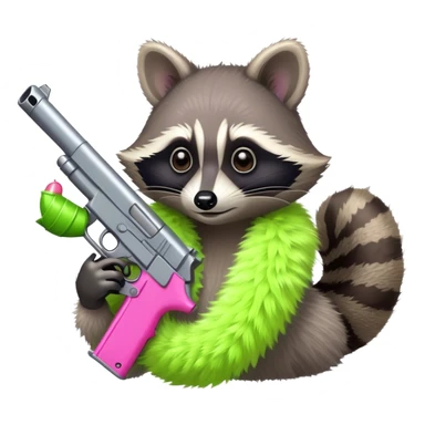 Raccoon wearing a lime green boa holding a pink gun sticker