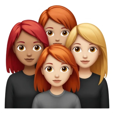 Can you create an image of 3 friends together one with red bright hair light skin one the other with brown hair with some blonde highlights in the hair fair skin the last one with light brown a tint of orange hair and black long hair with brown  sticker